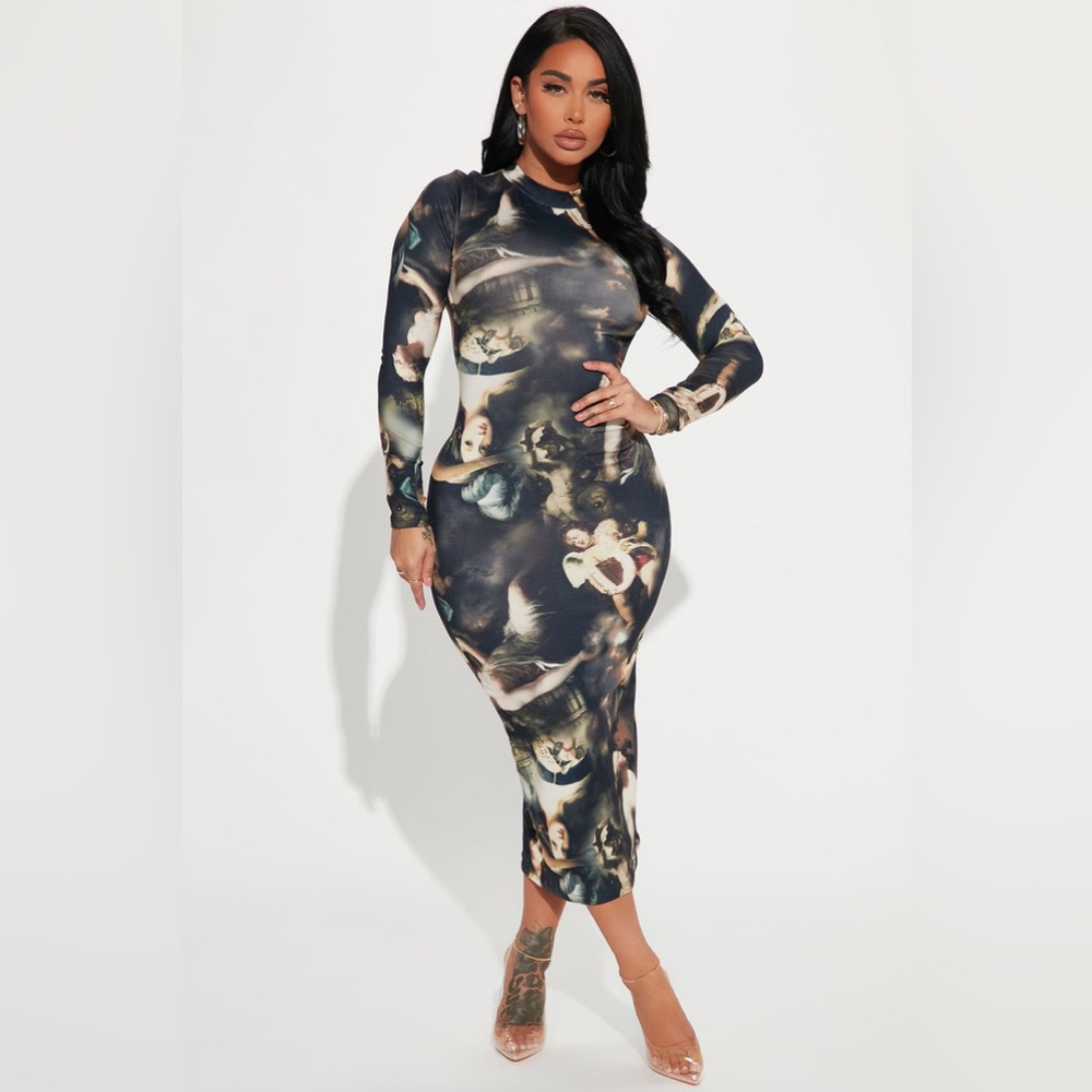 NWT - Fashion Nova Women's Angel Numbers Midi Dress, Brown/combo - Size 1X